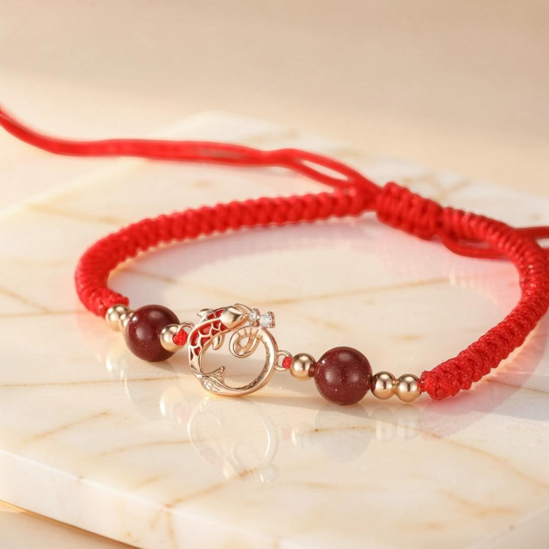 Bracelet Cordon Jade et Cinabre – Serpent de Fortune, Argent Plaqué Or
