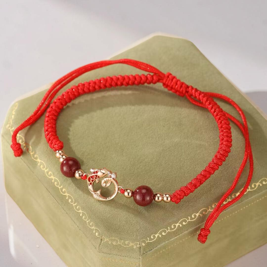 Bracelet Cordon Jade et Cinabre – Serpent de Fortune, Argent Plaqué Or