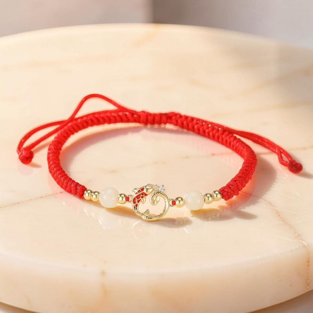 Bracelet Cordon Jade et Cinabre – Serpent de Fortune, Argent Plaqué Or