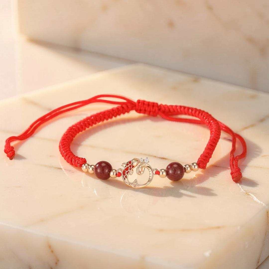 Bracelet Cordon Jade et Cinabre – Serpent de Fortune, Argent Plaqué Or