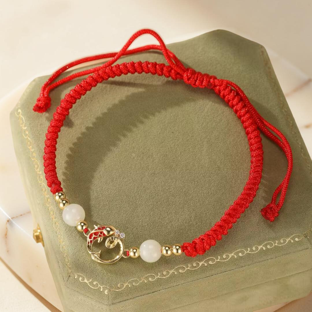Bracelet Cordon Jade et Cinabre – Serpent de Fortune, Argent Plaqué Or