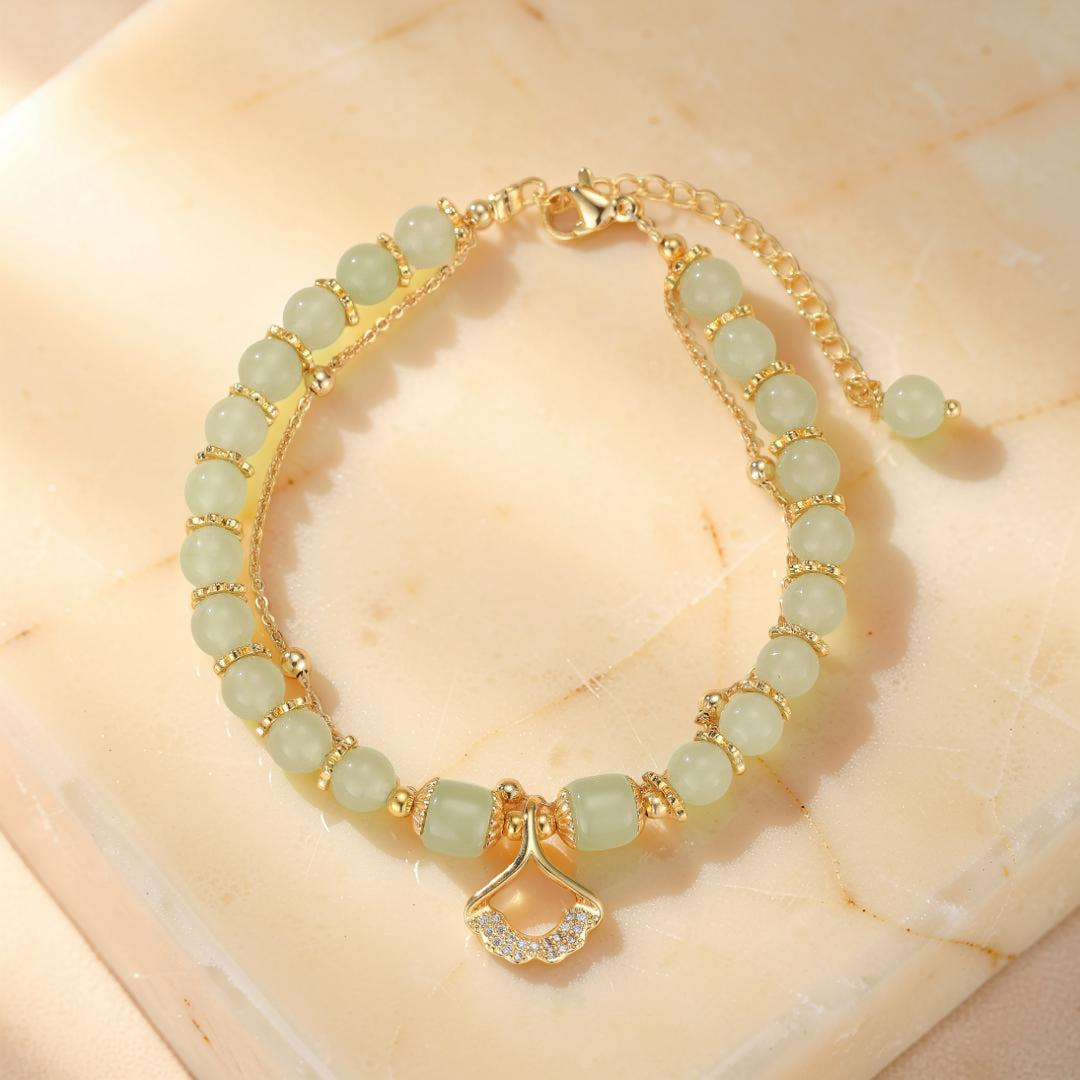 Bracelet Jade – Feuille Ginkgo, Argent Plaqué Or