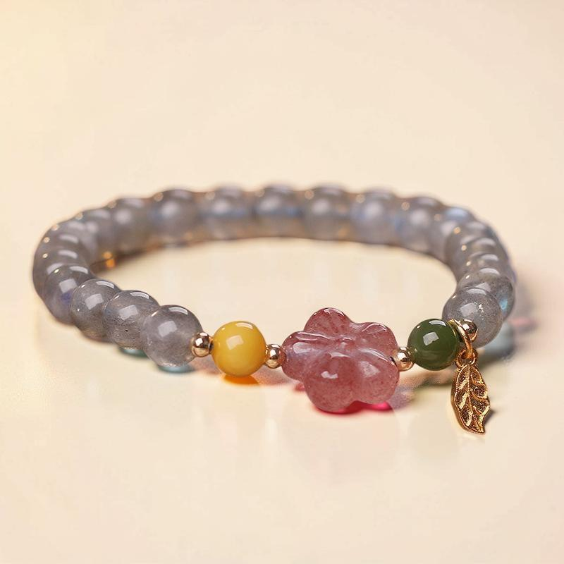 Bracelet Labradorite et Quartz Fraise – Feuille Dorée