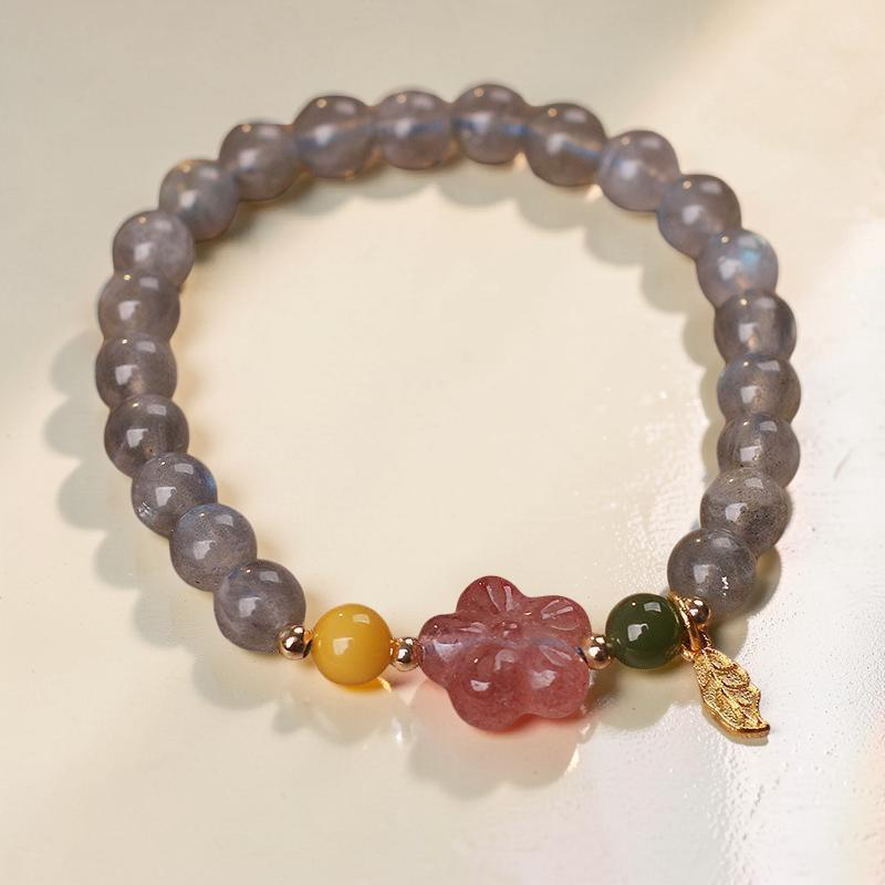 Bracelet Labradorite et Quartz Fraise – Feuille Dorée