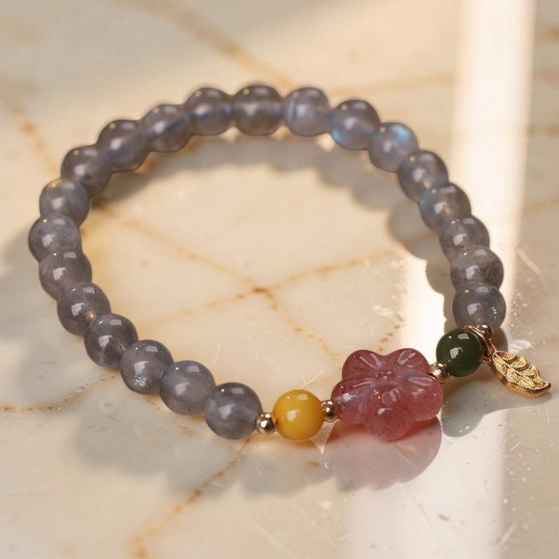 Bracelet Labradorite et Quartz Fraise – Feuille Dorée