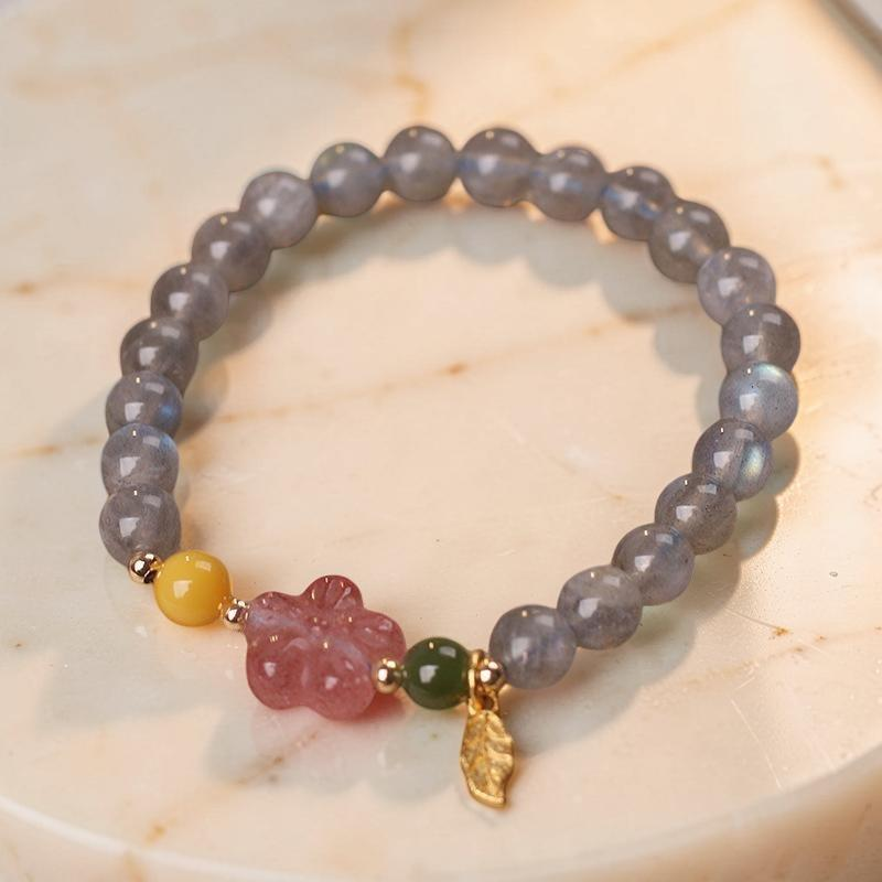 Bracelet Labradorite et Quartz Fraise – Feuille Dorée