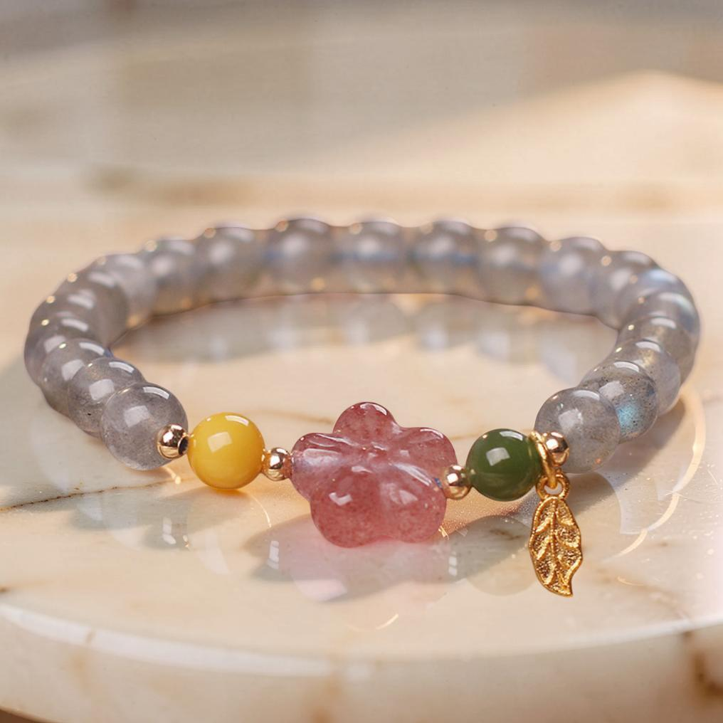Bracelet Labradorite et Quartz Fraise – Feuille Dorée