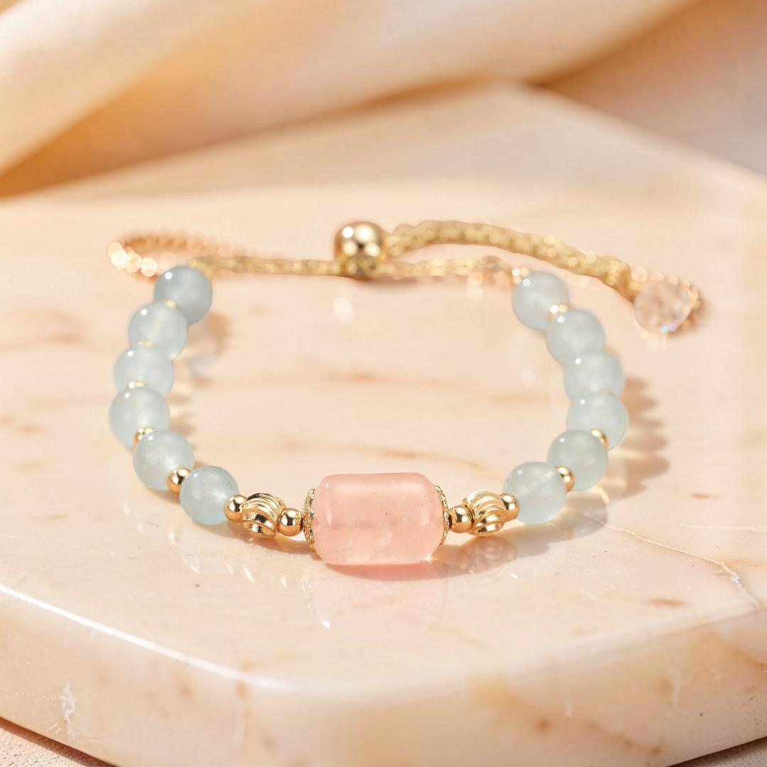 Bracelet Aigue-marine et Quartz Rose – Douceur Éthérée