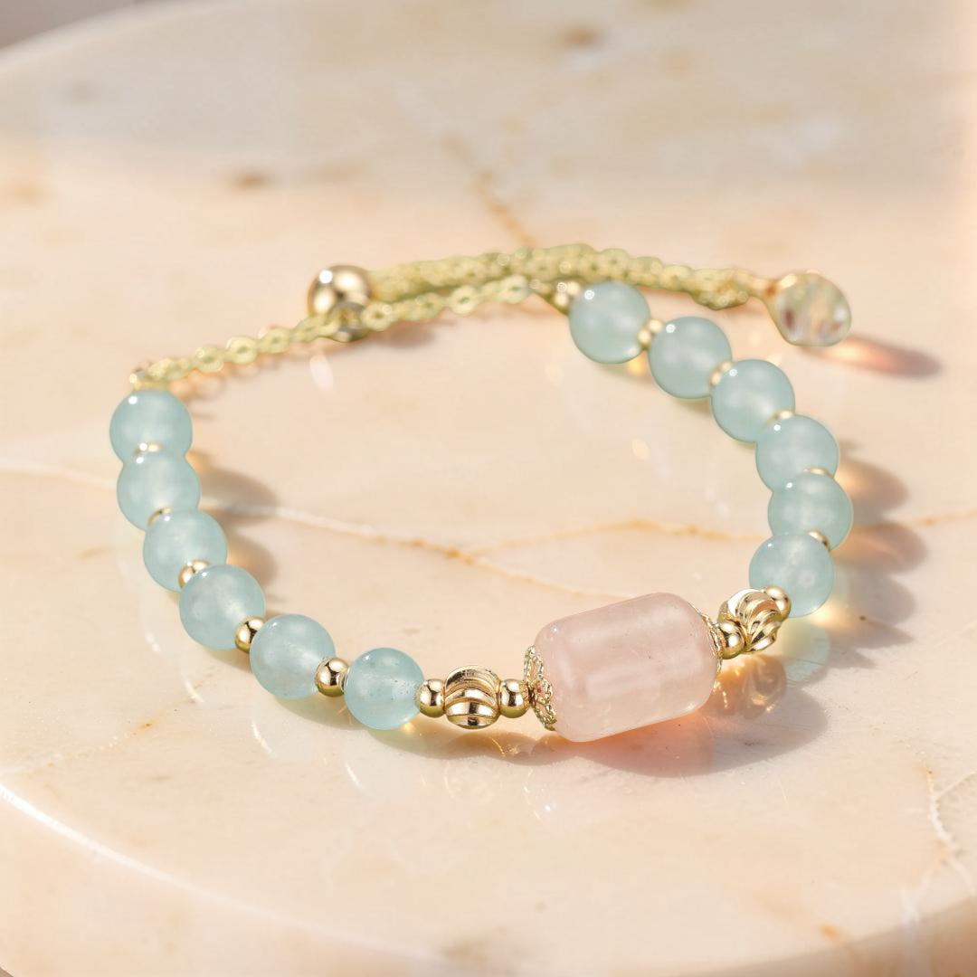 Bracelet Aigue-marine et Quartz Rose – Douceur Éthérée