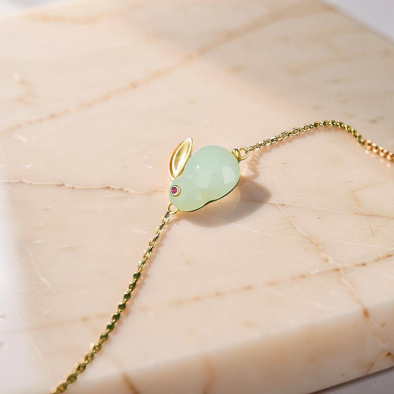 Bracelet Lapin en Jade – Sagesse, Argent Plaqué Or