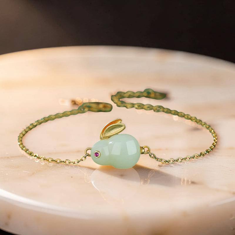 Bracelet Lapin en Jade – Sagesse, Argent Plaqué Or