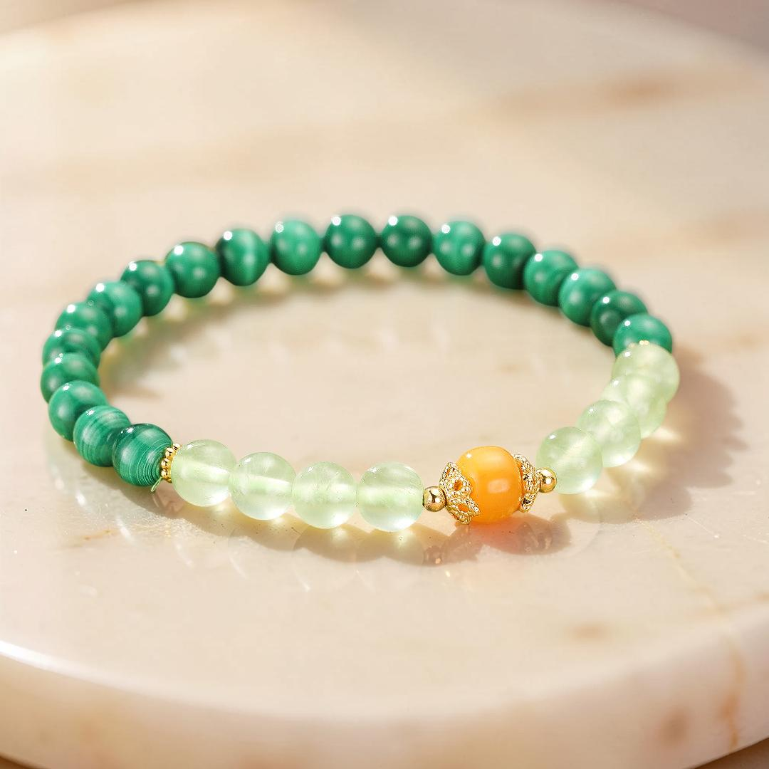 Bracelet Malachite, Préhnite et Ambre – Harmonie des Énergies