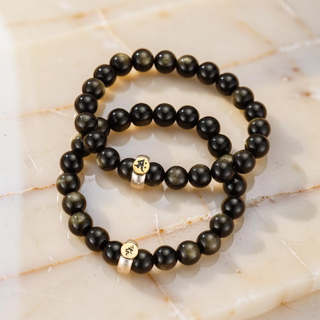 Bracelet Obsidienne Cheval/Coq – Force Intérieure, Argent