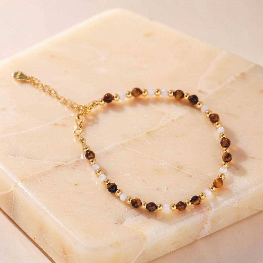 Bracelet Œil de Tigre – Charme Royal, Argent Plaqué Or