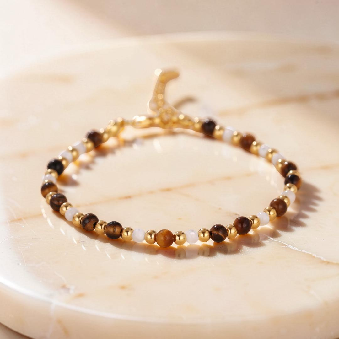 Bracelet Œil de Tigre – Charme Royal, Argent Plaqué Or