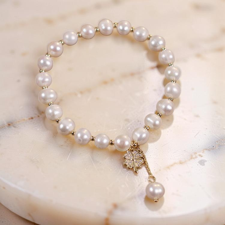 Bracelet Perle d'Eau Douce – Trèfle à Quatre Feuilles