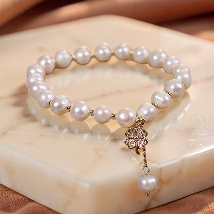 Bracelet Perle d'Eau Douce – Trèfle à Quatre Feuilles