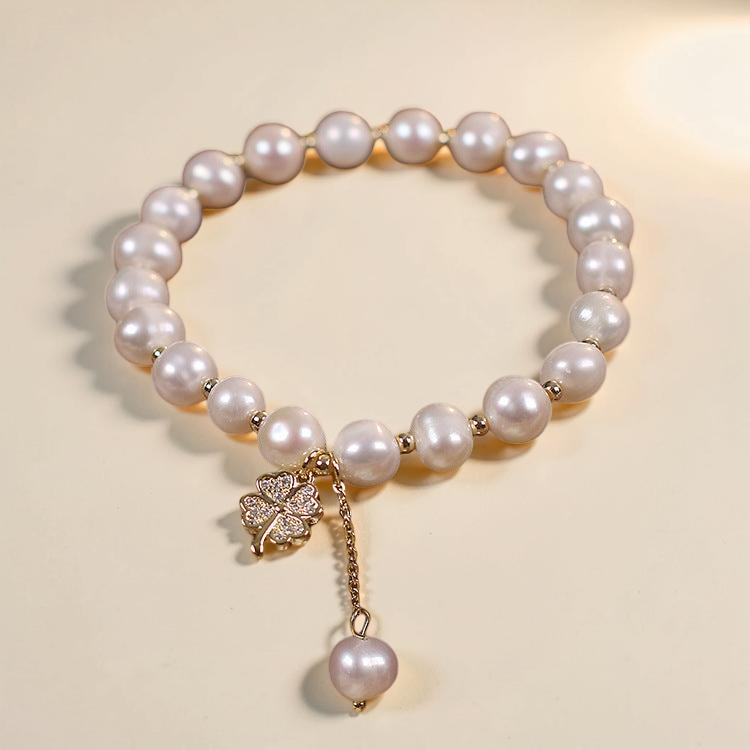 Bracelet Perle d'Eau Douce – Trèfle à Quatre Feuilles