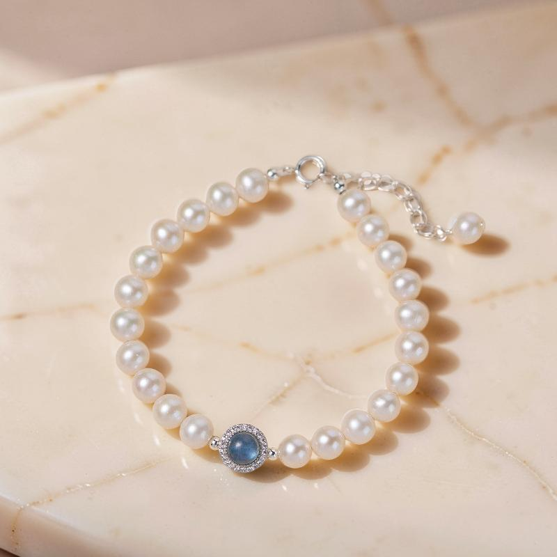 Bracelet Perle et Aigue Marine – Harmonie Océanique, Argent