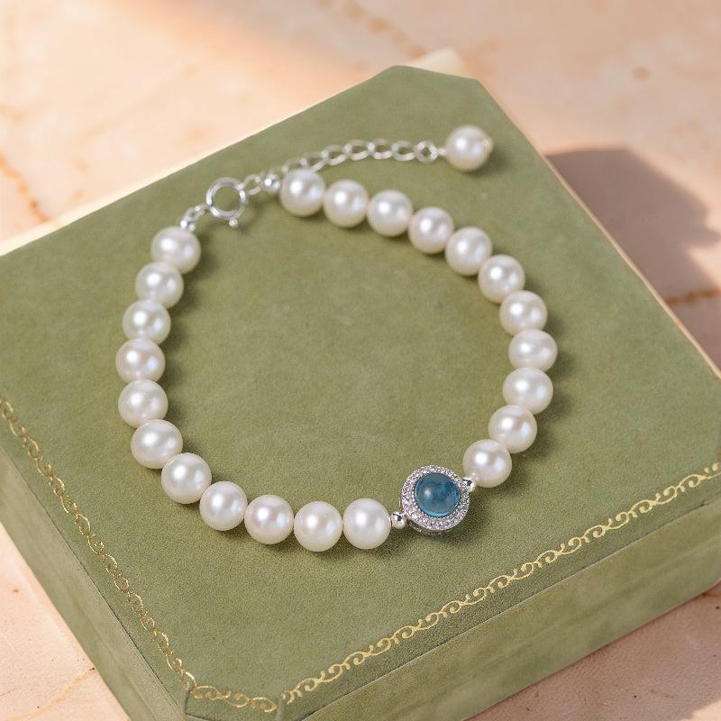 Bracelet Perle et Aigue Marine – Harmonie Océanique, Argent