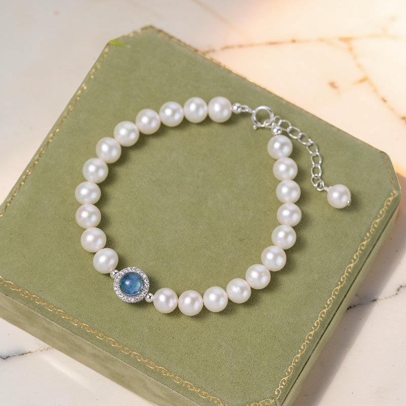 Bracelet Perle et Aigue Marine – Harmonie Océanique, Argent