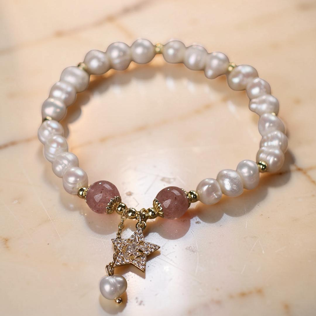 Bracelet Perle et Quartz Fraise – Étoile Mystique