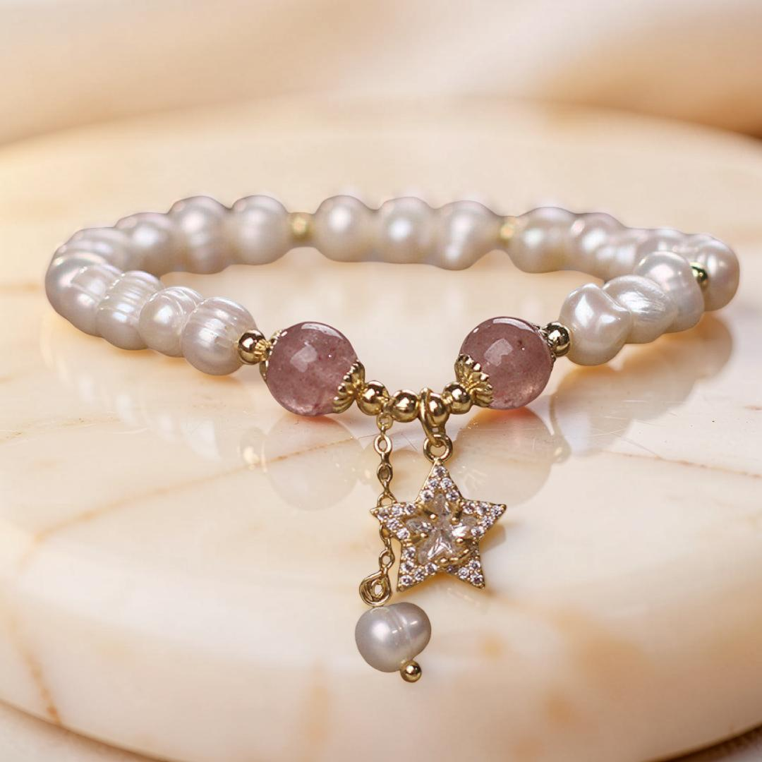 Bracelet Perle et Quartz Fraise – Étoile Mystique