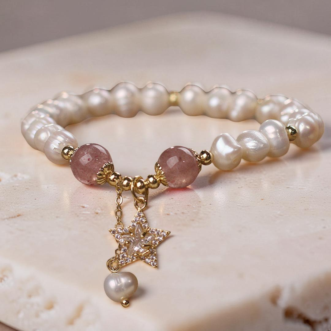 Bracelet Perle et Quartz Fraise – Étoile Mystique