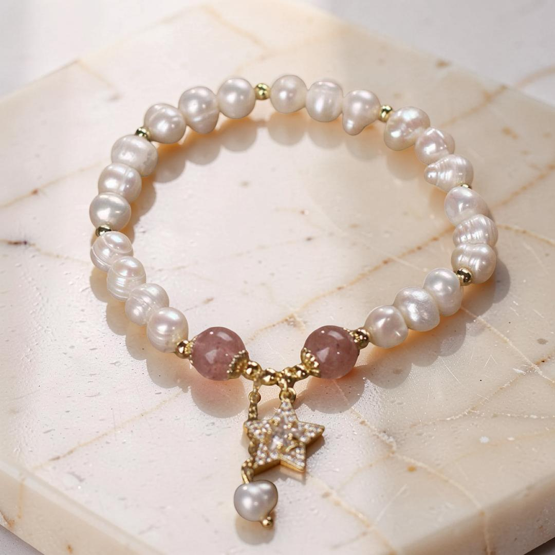 Bracelet Perle et Quartz Fraise – Étoile Mystique