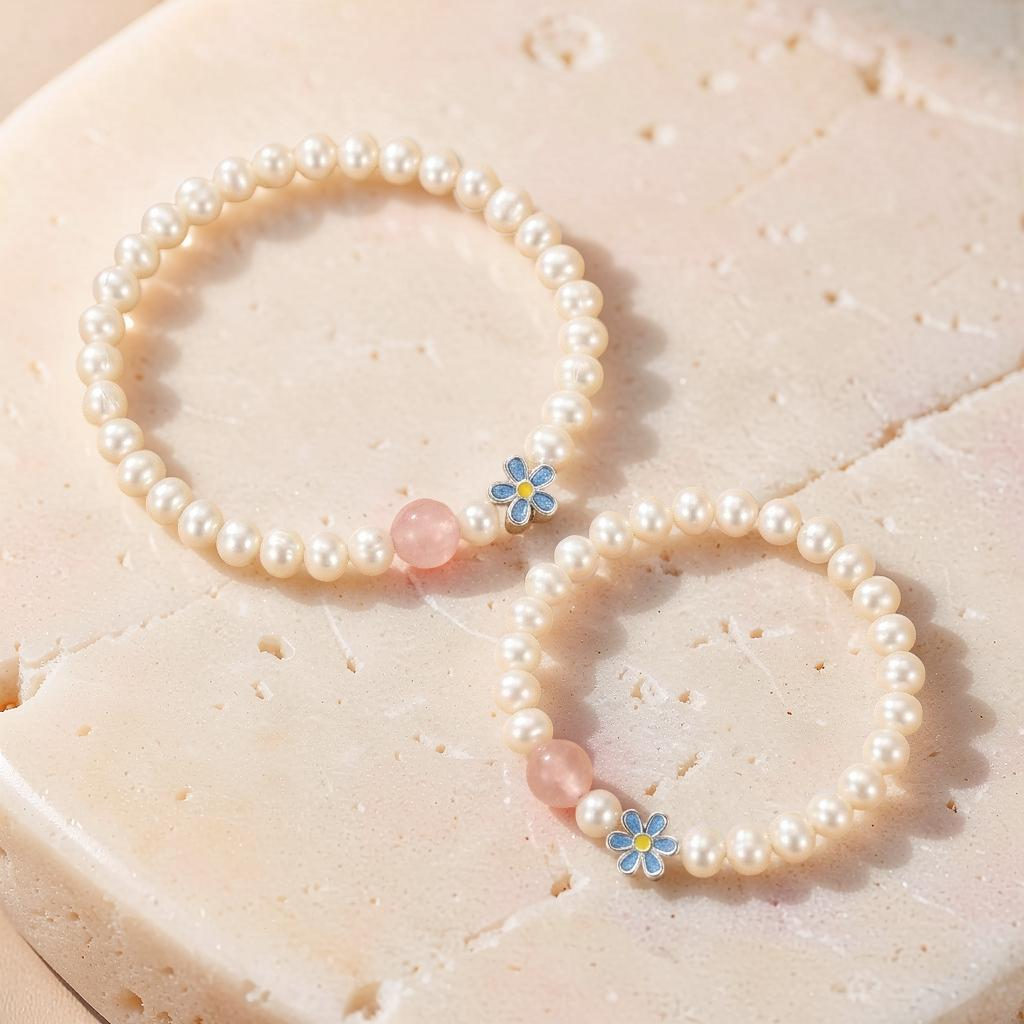 Bracelet Perle et Quartz Rose – Tendresse Fleurie, Argent Pur