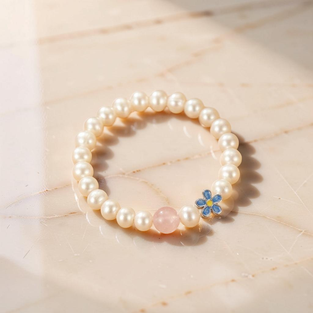 Bracelet Perle et Quartz Rose – Tendresse Fleurie, Argent Pur