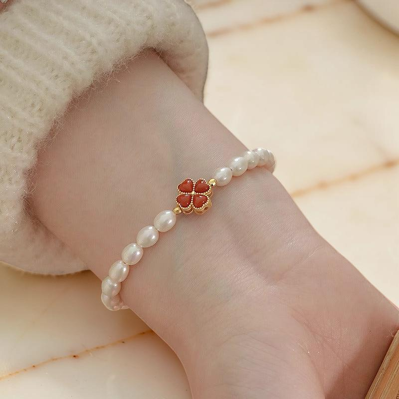Bracelet Perle – Trèfle Charmant, Argent Plaqué Or