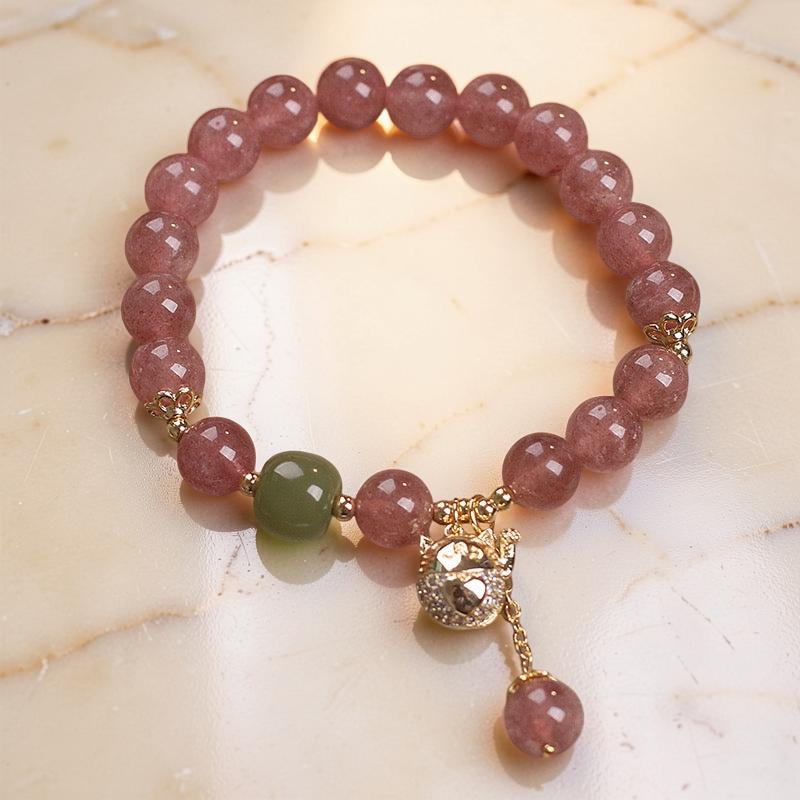 Bracelet Quartz Fraise – Maneki-neko, Argent Plaqué Or