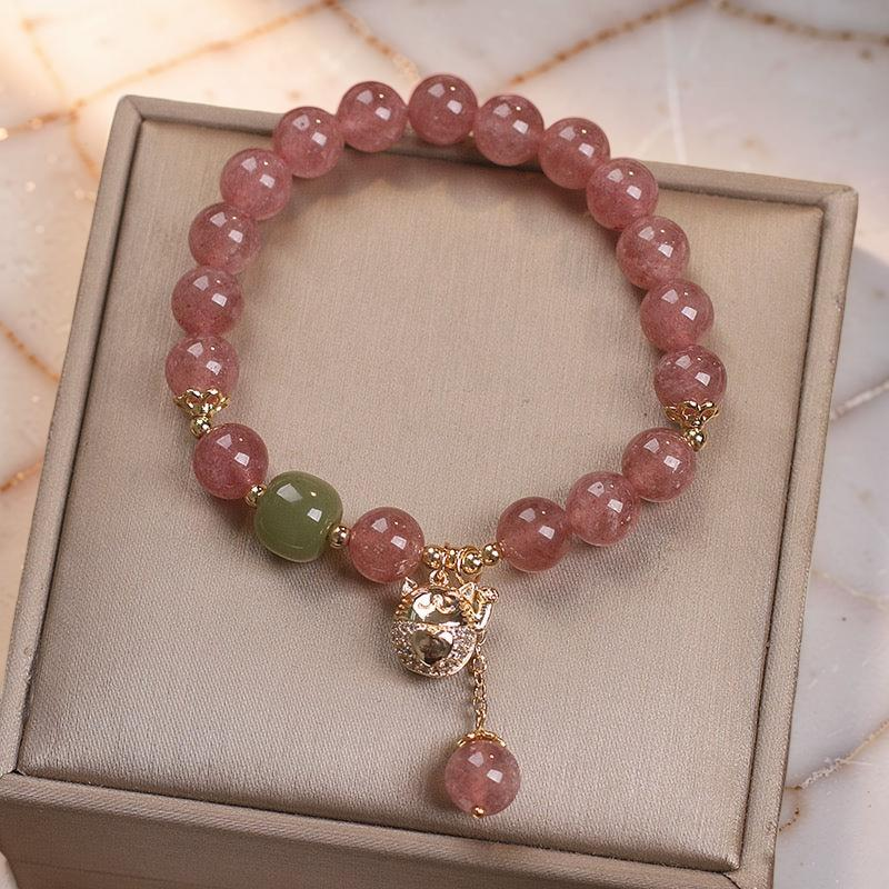 Bracelet Quartz Fraise – Maneki-neko, Argent Plaqué Or