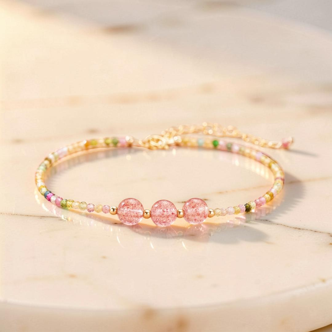 Bracelet Tourmaline et Quartz Fraise – Délicate Énergie