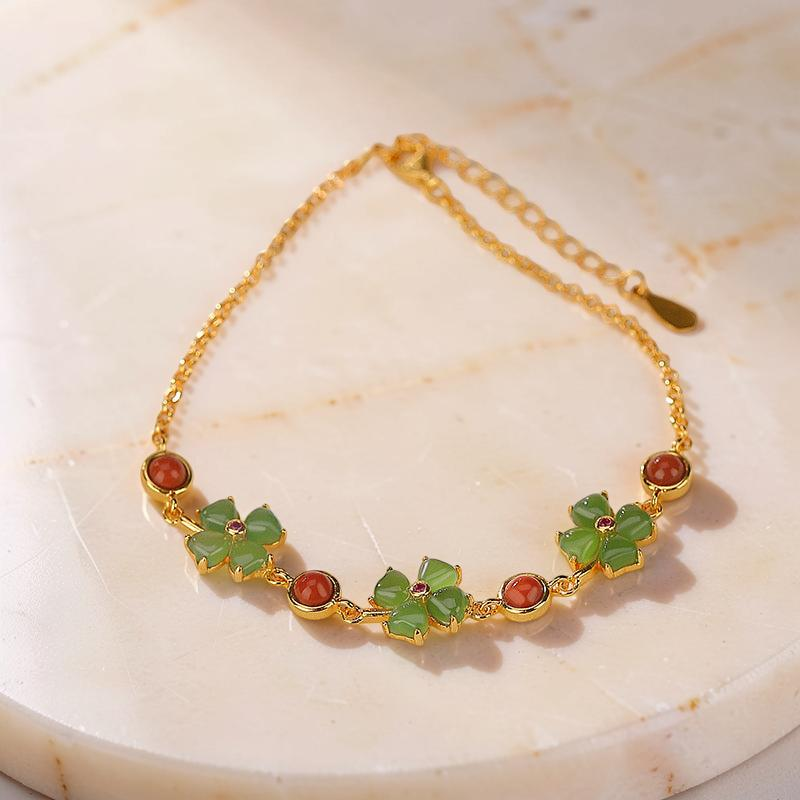 Bracelet Trèfle en Jade – Chance Sereine, Argent Plaqué Or
