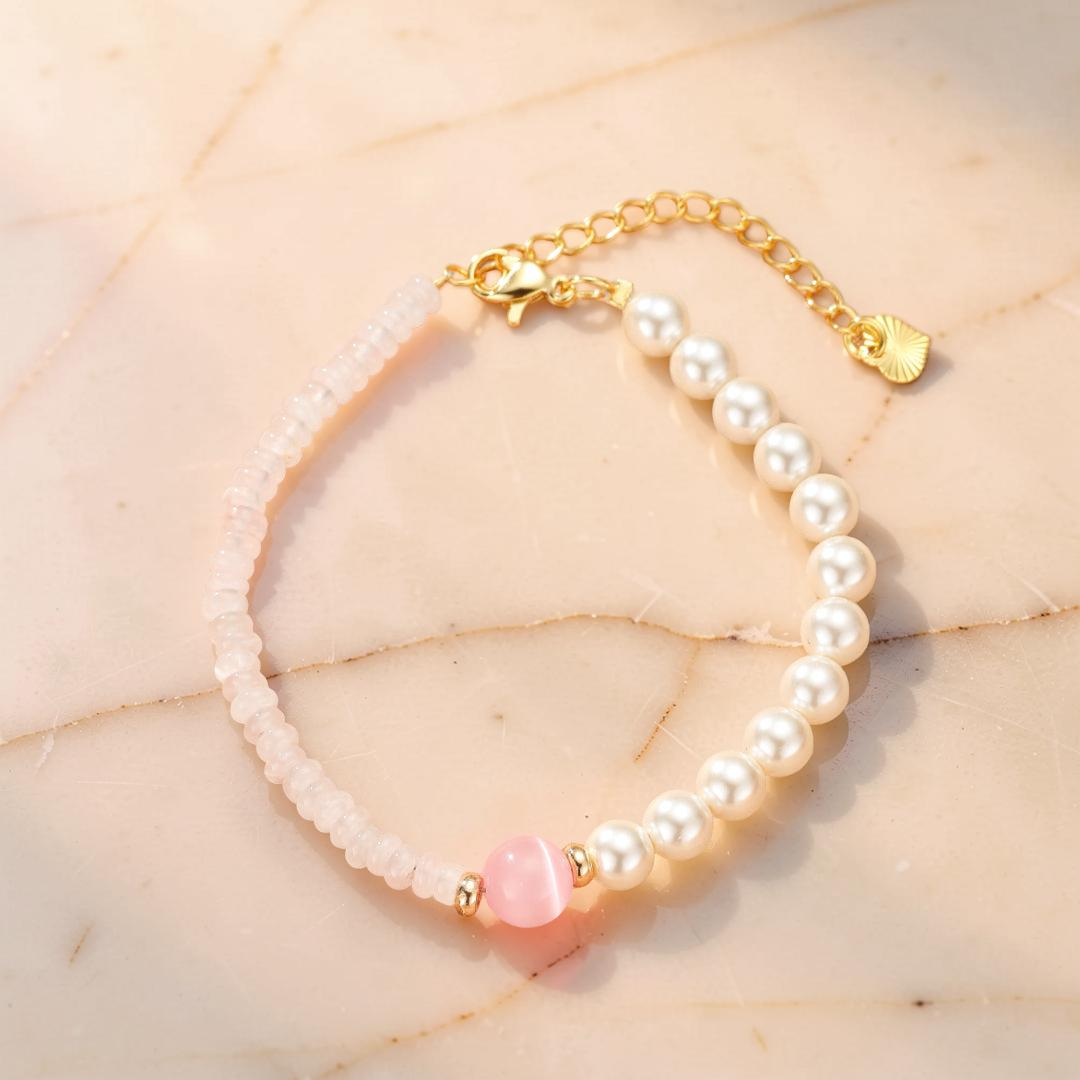 Bracelet Quartz Rose et Perles – Douceur Féline