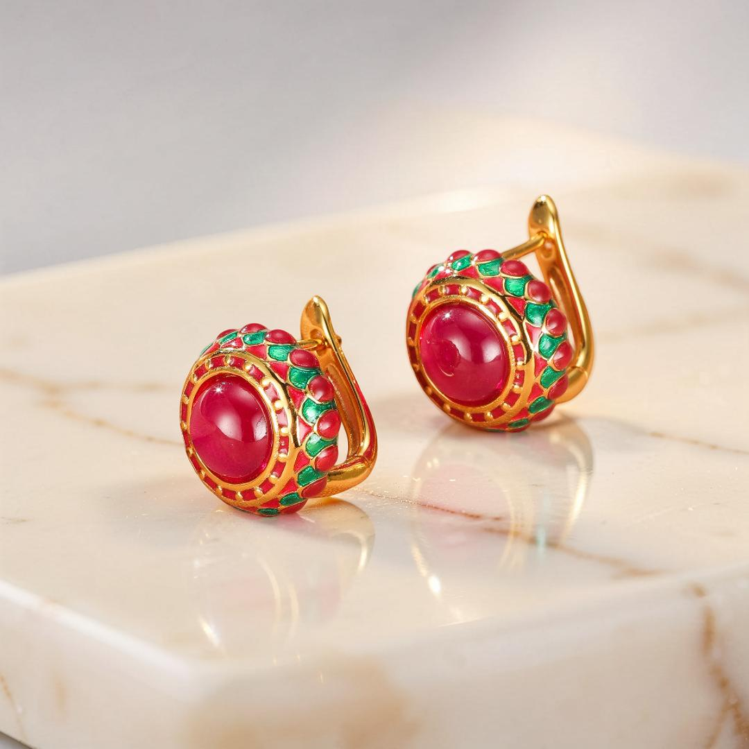Boucles d’Oreilles Cornaline – Rosace Royale, Argent Émaillé