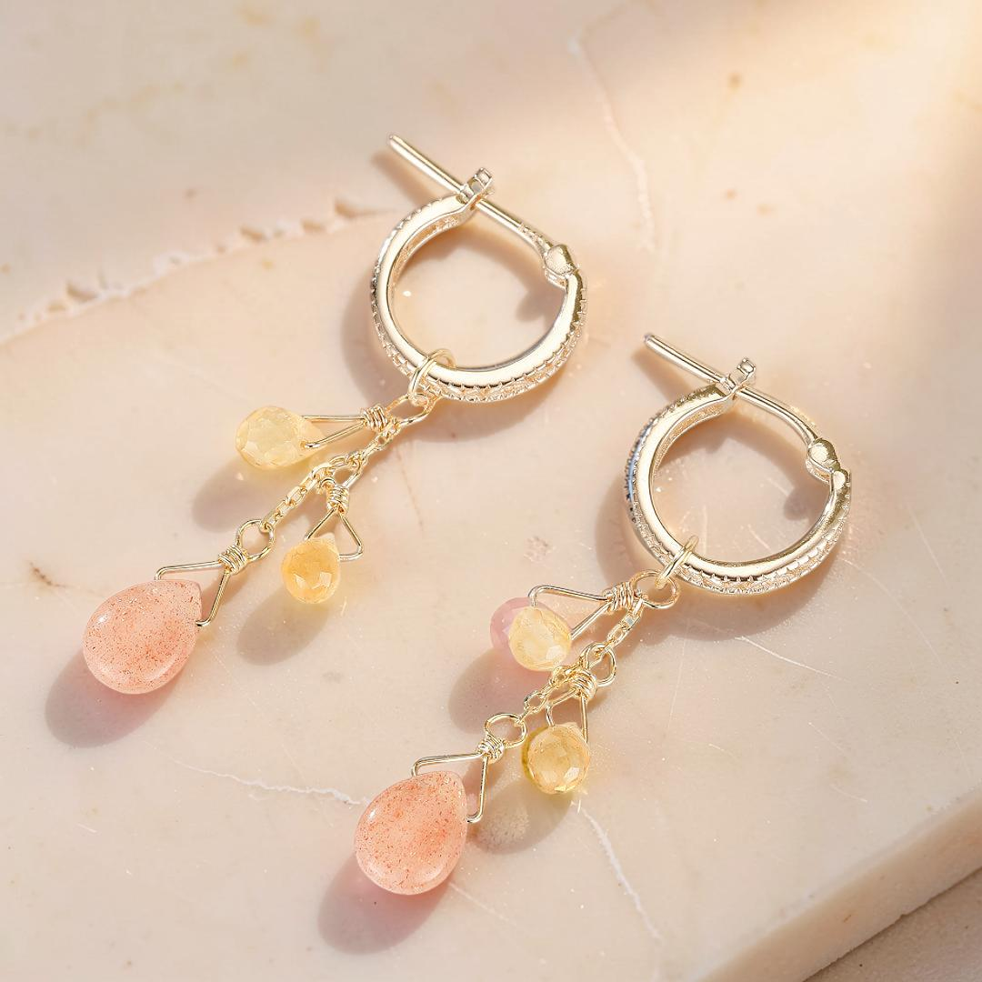 Boucles d'Oreilles Pierre de Soleil et Citrine – Rayons Bohèmes, Argent Plaqué Or