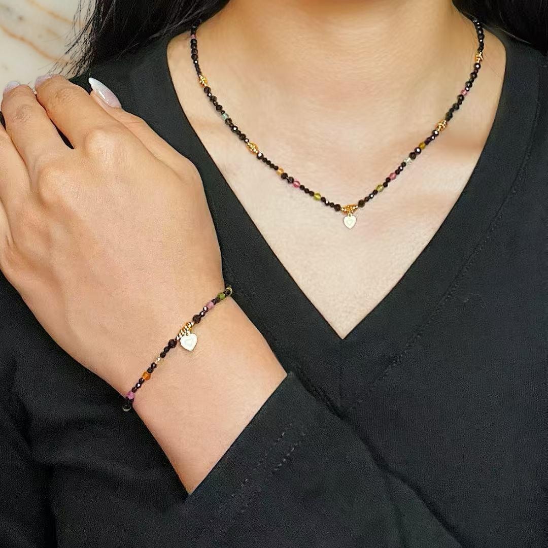 Bracelet Tourmaline et Spinelle Noire – Talisman du Cœur, Argent Plaqué Or