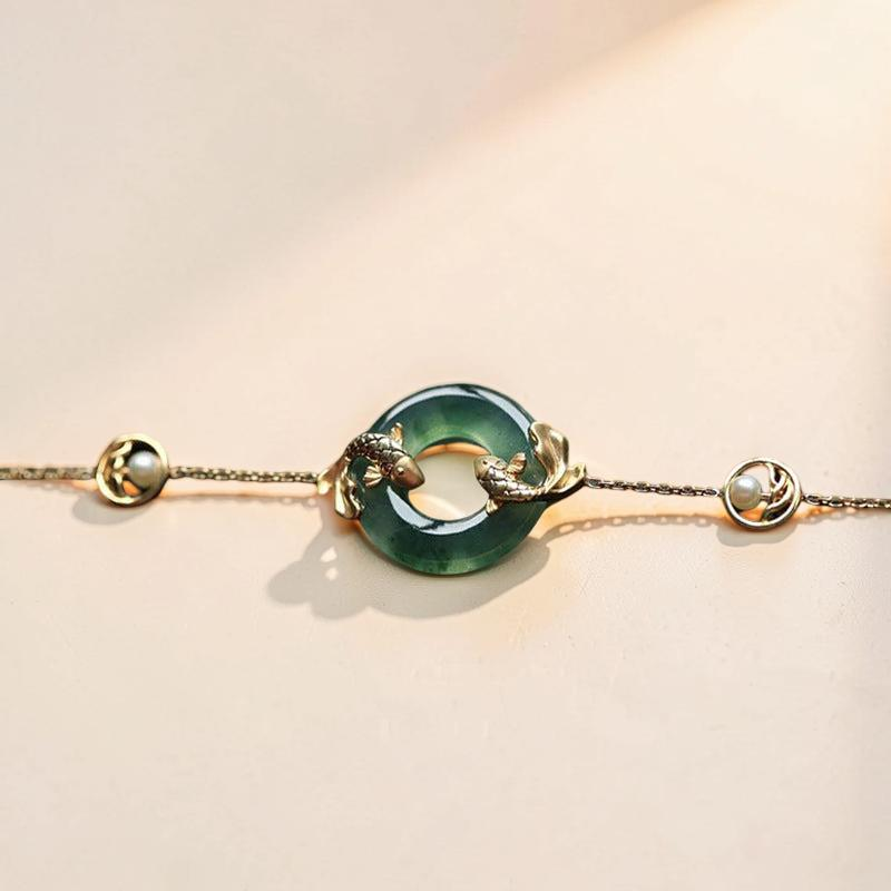 Bracelet Jade et Carpe Koï – Charme d'Abondance, Plaqué Or