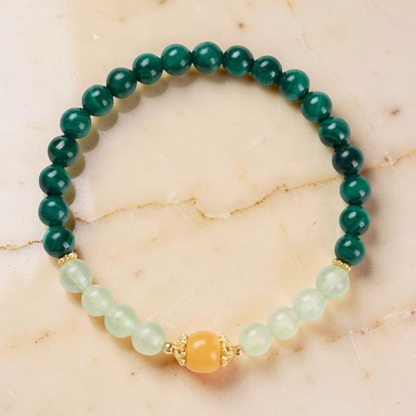 Bracelet Malachite, Préhnite et Ambre – Harmonie des Énergies