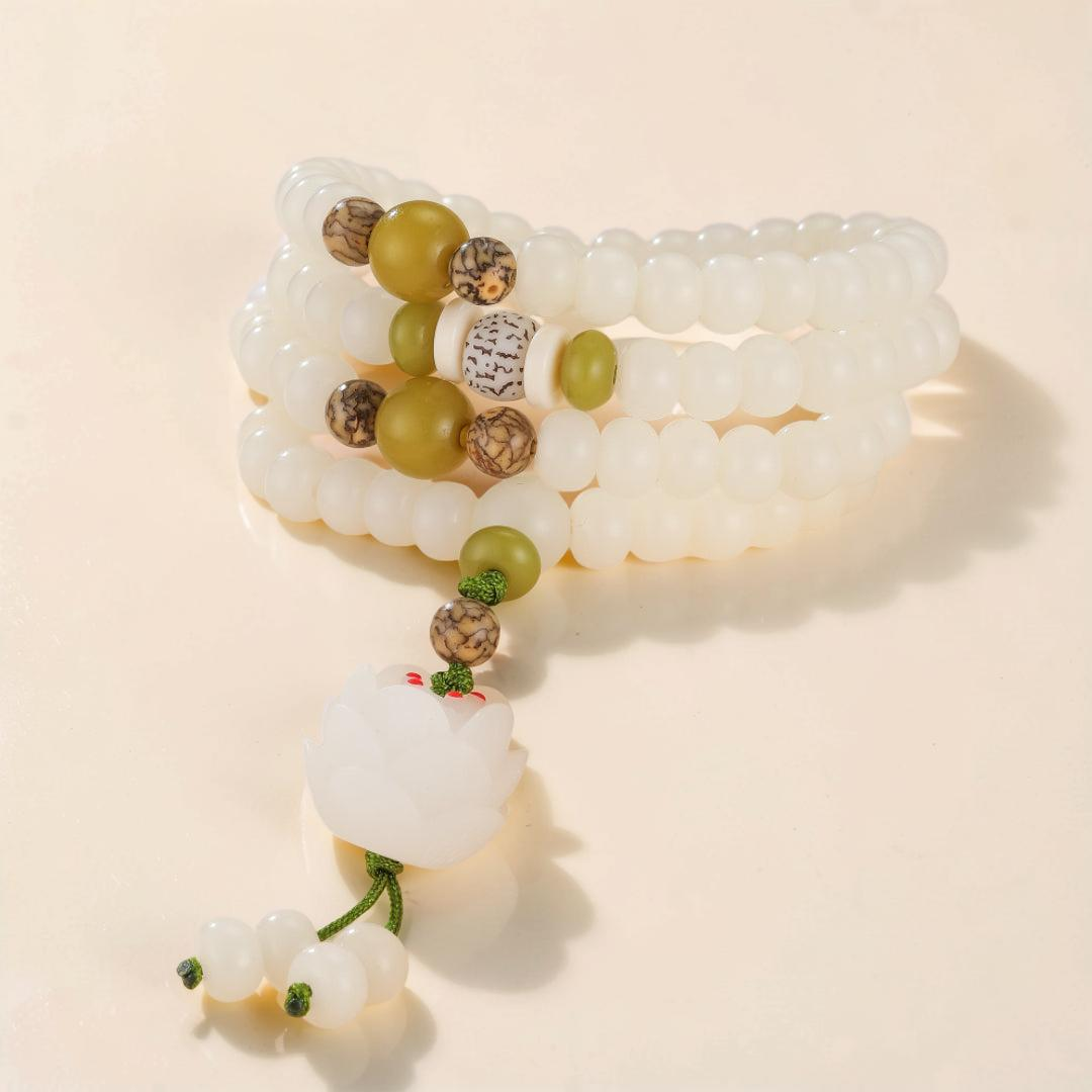 Mâlâ Jade et Graine de Bodhi – Fleur de Jade, 108 Perles