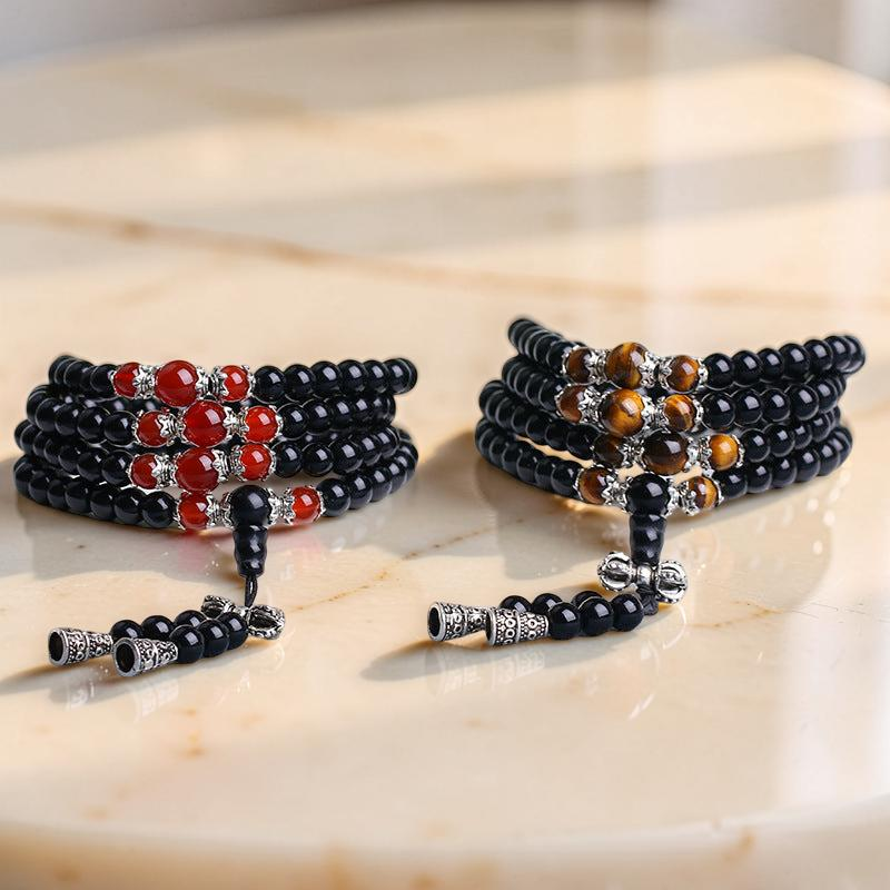 Mâlâ 108 Perles en Obsidienne, Œil de Tigre/Agate - Tigridienne