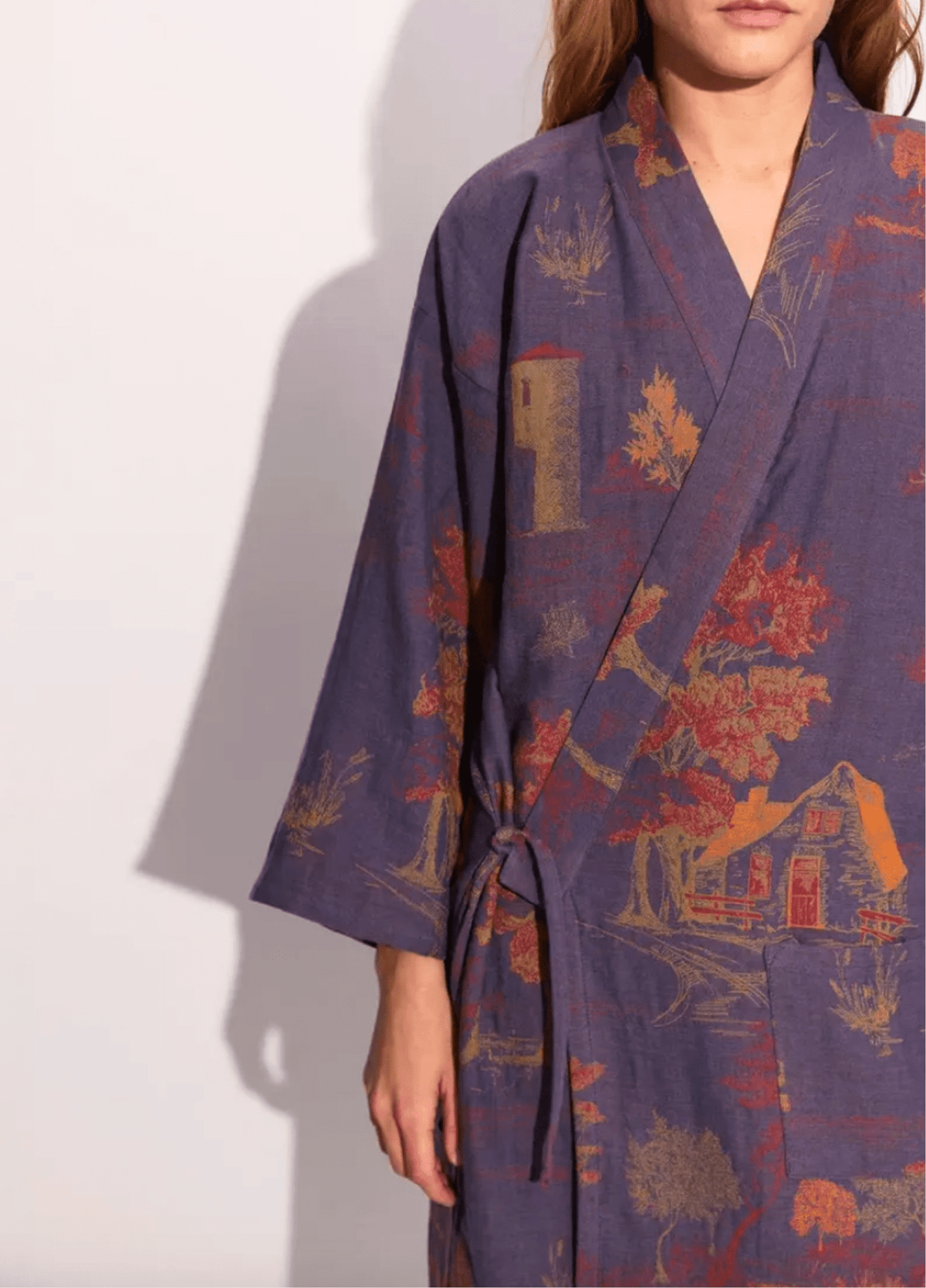 Peignoir kimono femme coton motif érable bleu – Momiji