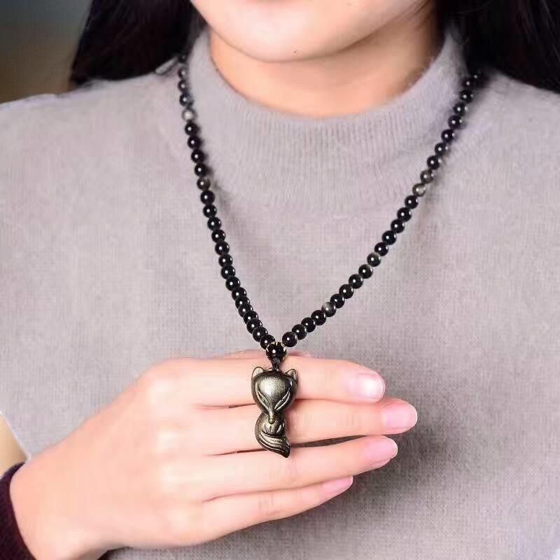 Pendentif Renard Sage en Obsidienne Dorée