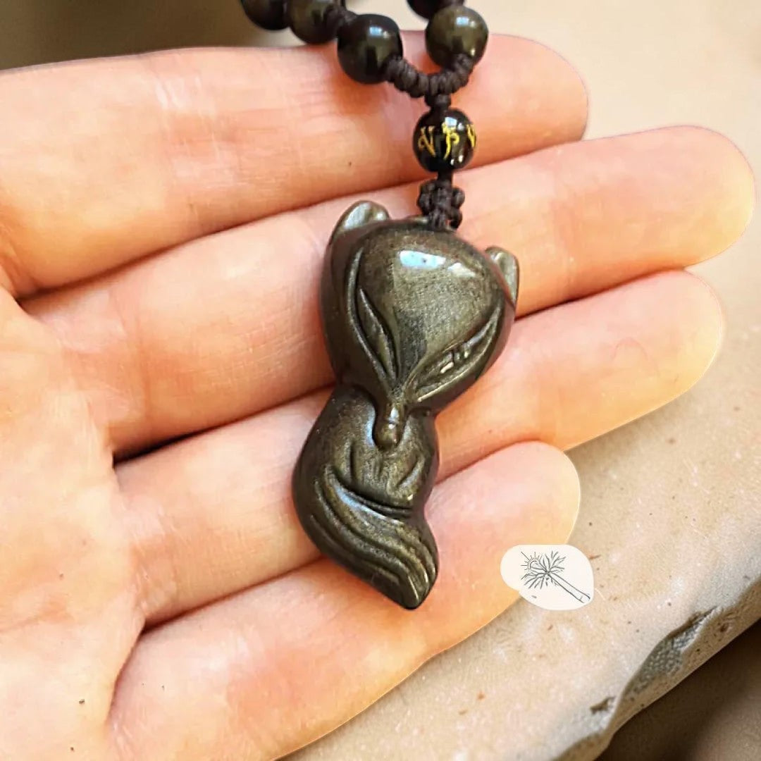 Pendentif Renard Sage en Obsidienne Dorée