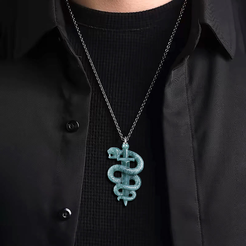 Collier Épée & Serpent en Jade Naturel et Argent Sterling 925