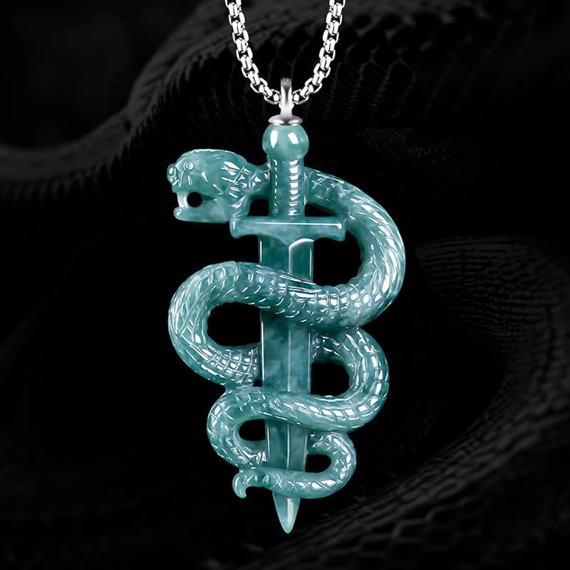 Collier Épée & Serpent en Jade Naturel et Argent Sterling 925