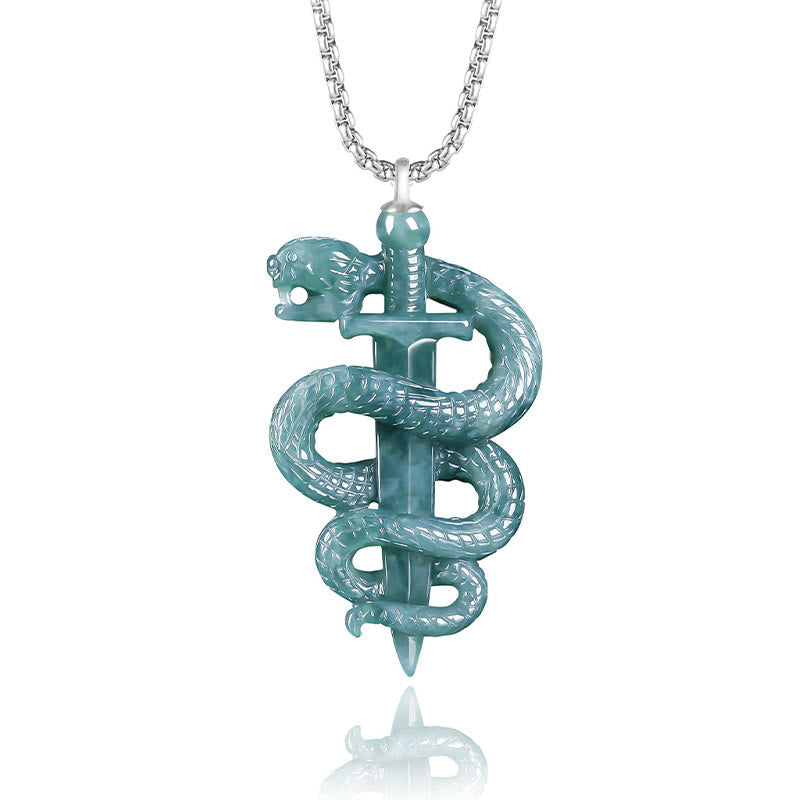 Collier Épée & Serpent en Jade Naturel et Argent Sterling 925